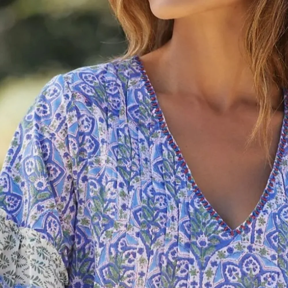 Anthropologie Duet Frill Tiered Mini Dress Cover-Up Blue Multi Small - Picture 6 of 13